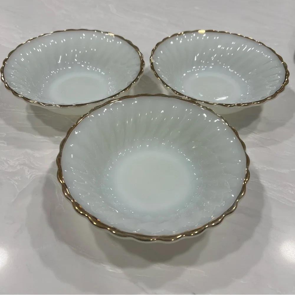 Anchor Hocking Milk Glass Swirl Gold Trim Bowls Set of 3 Cottagecore Classic